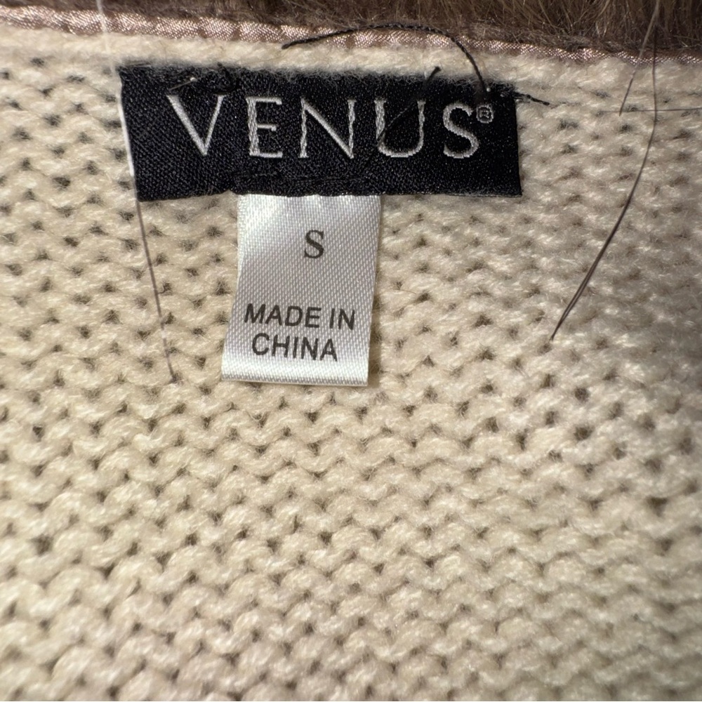 Venus Faux Fur Collar Cardigan Cream Open Front Knit Sweater Cozy Fall Boho - Picture 5 of 5
